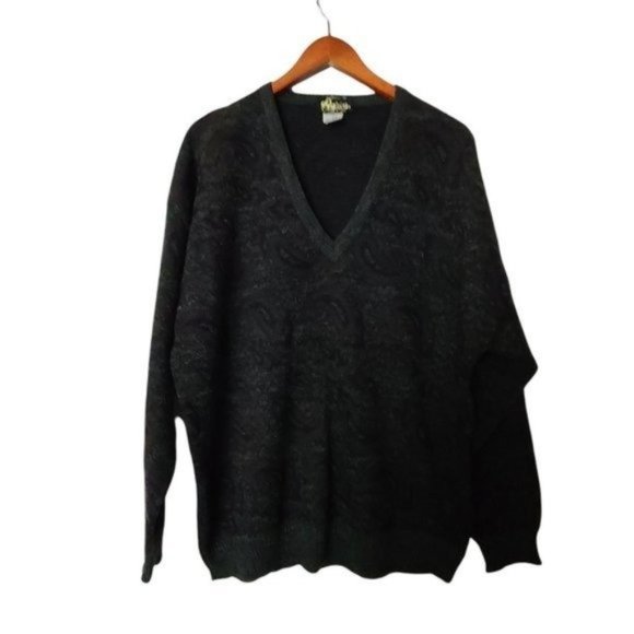 Vintage Cedrics Sweater Wool Blend XL Paisley Gray Green Mens V-Neck - Picture 2 of 8